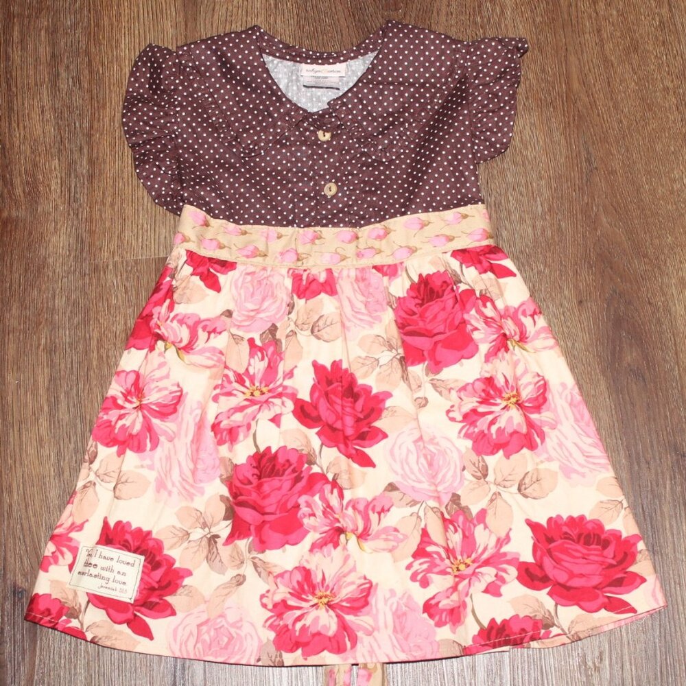 Girl August Robyn & Wren Vintage Brown Polka Dot Stunning Floral Dress size 4T
